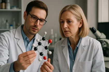 Két tudós együtt dolgozik molekulamodellekkel a laboratóriumban.