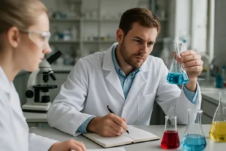 Két tudós laboratóriumban, táblakréta gyártáshoz szükséges összetevők vizsgálata.