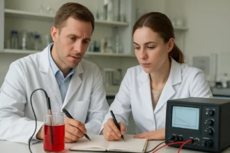 Két kutató elektrokémiai kísérletet végez laboratóriumban.