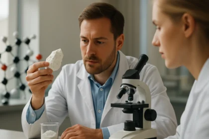 Két kutató vizsgálja a talk ásványt laboratóriumi környezetben.