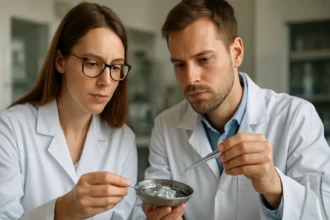 Kutatók tallium-amalgámot vizsgálnak laboratóriumban.