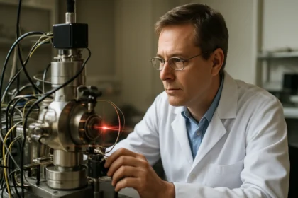 Tanaka Koichi laboratóriumi munka közben lágy lézerdeszorpciós ionizációs berendezés mellett.