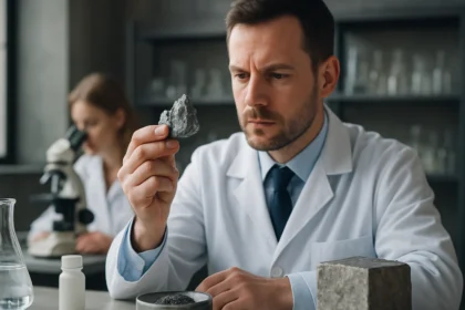 Egy tudós a tantál ásványi anyagát vizsgálja laboratóriumban.