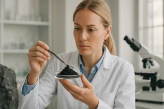 Női tudós tanulmányozza a tantál-karbid anyagot laboratóriumban