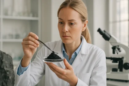 Női tudós tanulmányozza a tantál-karbid anyagot laboratóriumban