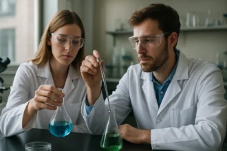 Két kutató laboratóriumi kísérletet végez kémiai anyagokkal.