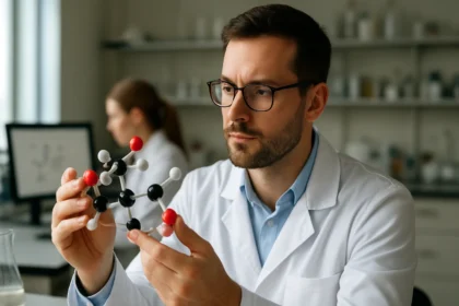 Kémikus a tartarogliceridek molekuláris szerkezetét vizsgálja a laborban.