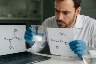 Kémikus kísérlet közben, TATP képlet és vegyi anyagok vizsgálata