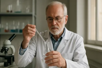 Kémikus kísérletező laboratóriumban, elektrontranszfer kutatás