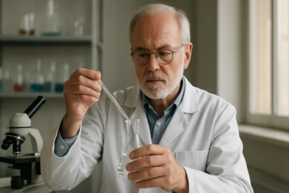 Kémikus kísérletező laboratóriumban, elektrontranszfer kutatás