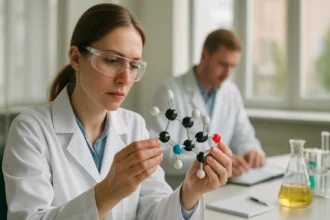 Kémikus laboratóriumban, molekulamodellel végzett munka.