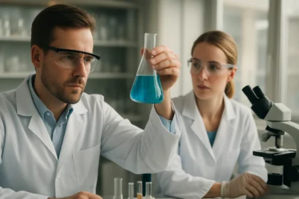 Két kutató fémorganikus vázvegyületekkel végzett kísérletet laboratóriumban.