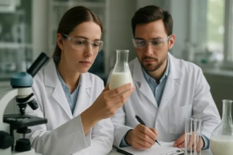 Két kutató tejkémia elemzése laboratóriumban, folyadékkal teli üvegek között.