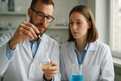 Kémikusok laboratóriumban kémiai reakciót végeznek