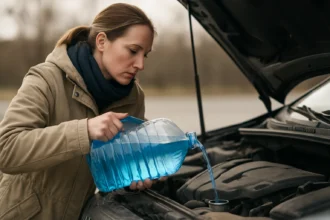Nő, aki téli szélvédőmosót önt az autójába.