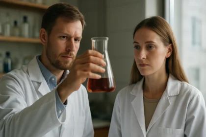 Két kutató laboratóriumban kémiai oldatot vizsgál