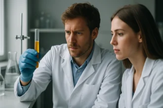 Két vegyész laboratóriumban, egy kémcsőben lévő sárga folyadékkal.