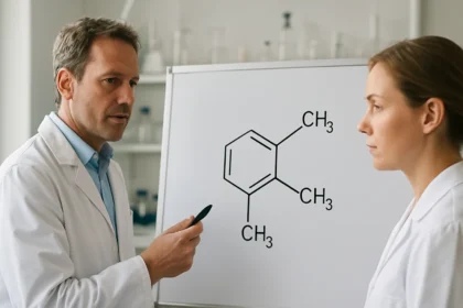 Két kutató telítetlen aromás szénhidrogének szerkezetét magyarázza.