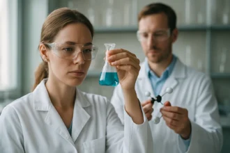 Két kutató laboratóriumban, az egyik kék folyadékot vizsgál a lombikban.