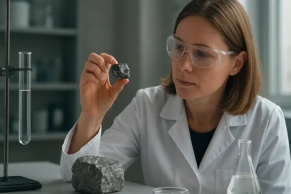 Kémikus telúr érceket vizsgál, laboratóriumban.