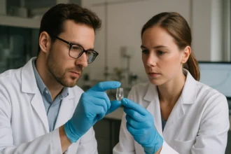 Két kutató laboratóriumban osztályoz egy szupernehéz elemet.