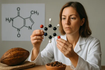 A teobromin molekula és természetes forrásai, például a kakaóbab