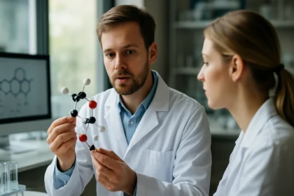 Két tudós egy molekularácsot tanulmányoz, kémiai kísérlet alatt.