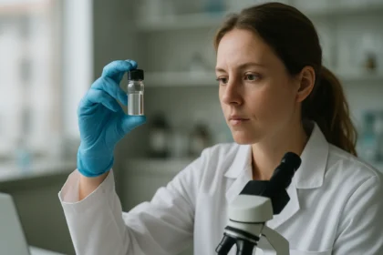 Laboratóriumban dolgozó tudós, terbium tartalmú anyagot vizsgálva.