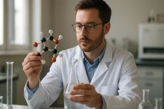 Kémikus a tercier alkoholok molekuláris szerkezetét vizsgálja laboratóriumban.