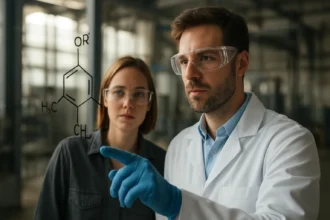 Két tudós a 3-tercier-butil-4-hidroxianizol képletét elemzi laboratóriumban.