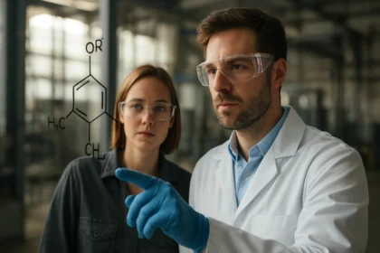 Két tudós a 3-tercier-butil-4-hidroxianizol képletét elemzi laboratóriumban.