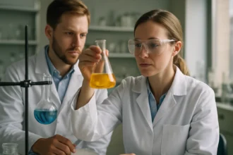 Kémiai kísérlet során a mol mértékegység vizsgálata laboratóriumban.