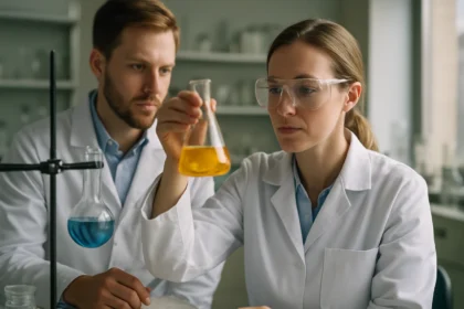 Kémiai kísérlet során a mol mértékegység vizsgálata laboratóriumban.