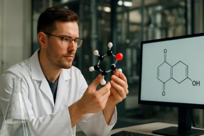 A tereftálsav molekuláris modelljét vizsgáló kémikus.