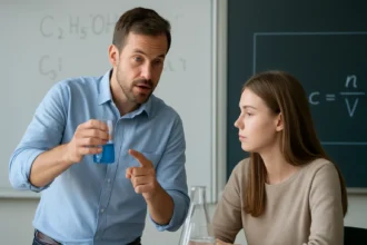 Tanár bemutat egy kék oldatot diákjának kémiai órán.