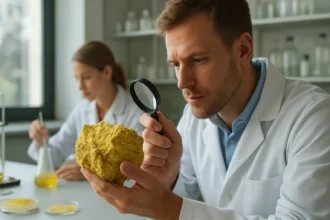 A kén vizsgálata egy laborban, kémikusok által.