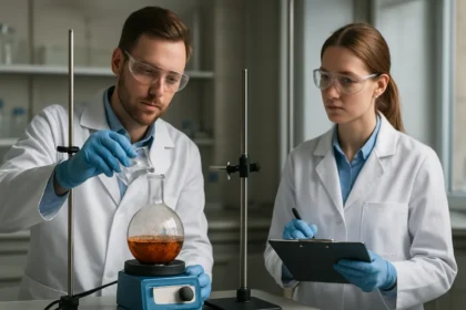 Két kémikus laboratóriumban a termikus bontás folyamatát tanulmányozza.