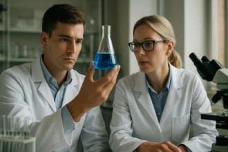 Két kutató egy laboratóriumban, kék oldatot vizsgálva