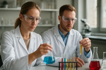 Két tudós laboratóriumban, kémiai kísérletek végzése közben.