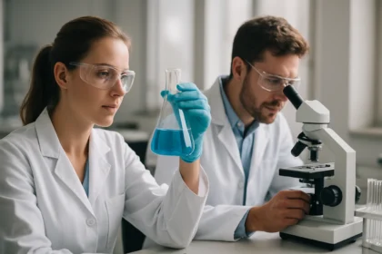 Két kutató laboratóriumban, folyadékot vizsgálnak