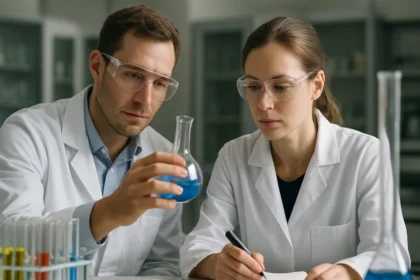 Két kémikus, akik a molaritás és oldatok kutatásával foglalkoznak laboratóriumban.