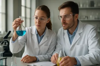 Két tudós kémiai kísérletet végez egy laborban