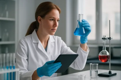 Kémikus laboratóriumban kémiai reakciót vizsgál.