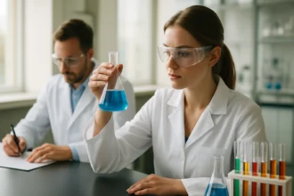 Két vegyész laborban, az egyik kék folyadékot tart a kezében.