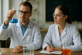 Két kutató laboratóriumban, előtérben kék oldatot vizsgáló férfi és nő, aki jegyzetel.
