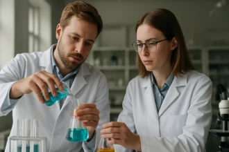 Két tudós laboratóriumban kémiai kísérletet végez