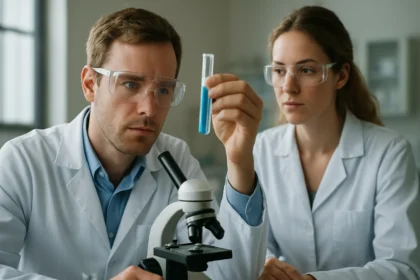 Laboratóriumi kémikusok kék folyadékkal teli kémcsővel, mikroszkópnál