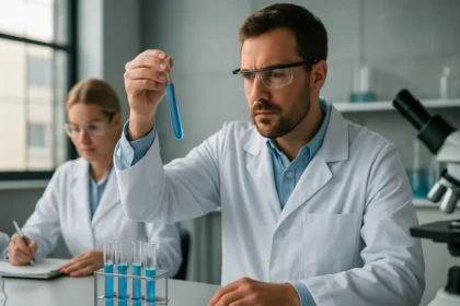 Kémikus laborban, molekulatömeg számítása kísérlet közben.