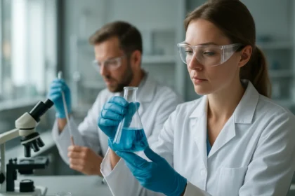 Két kutató laboratóriumban, molibdén-szulfiddal végzett kísérlet közben.