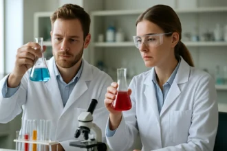 Két kutató laboratóriumban kémiai kísérleteket végez.